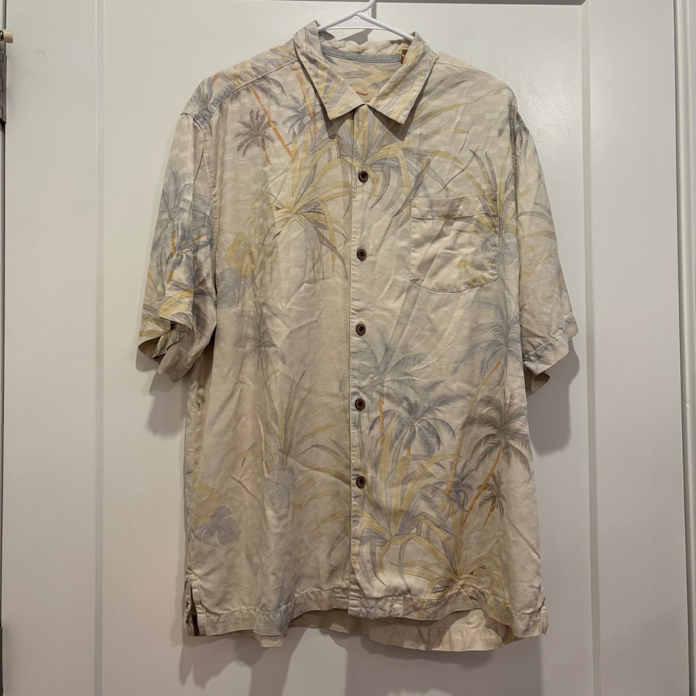 Tommy Bahama Mens Large 100% Silk Tropical Palm Tree Jacquard Camp Shirt Cream